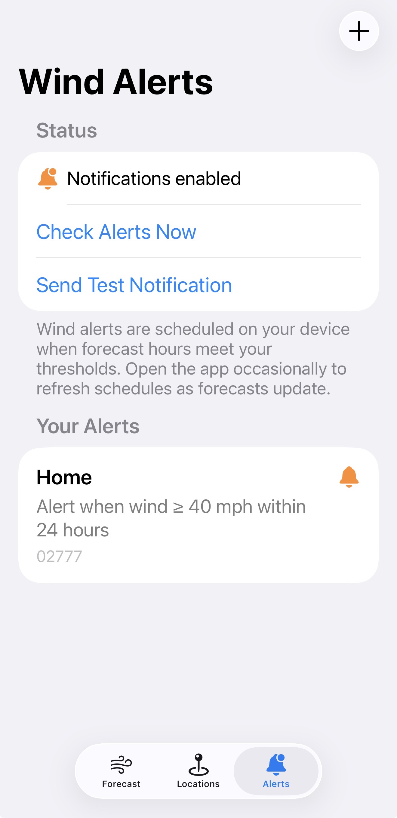 BreezeTrack wind alert settings screen